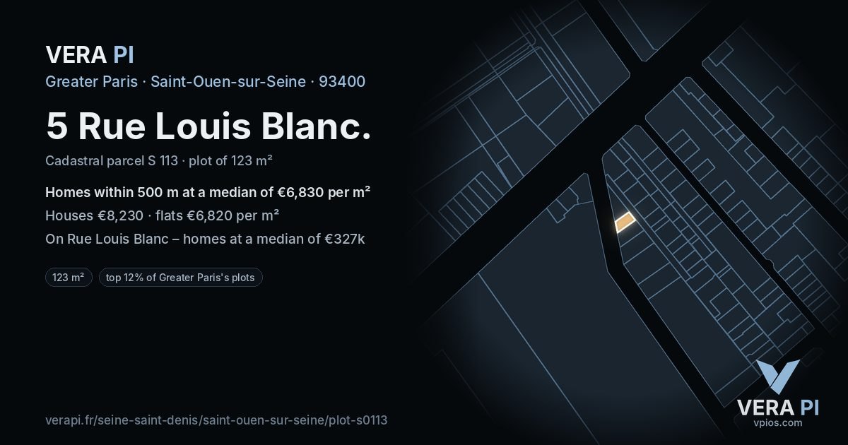 5 Rue Louis Blanc, Saint-Ouen-sur-Seine at night – the plot lit, the parcels around coloured by the prices near them