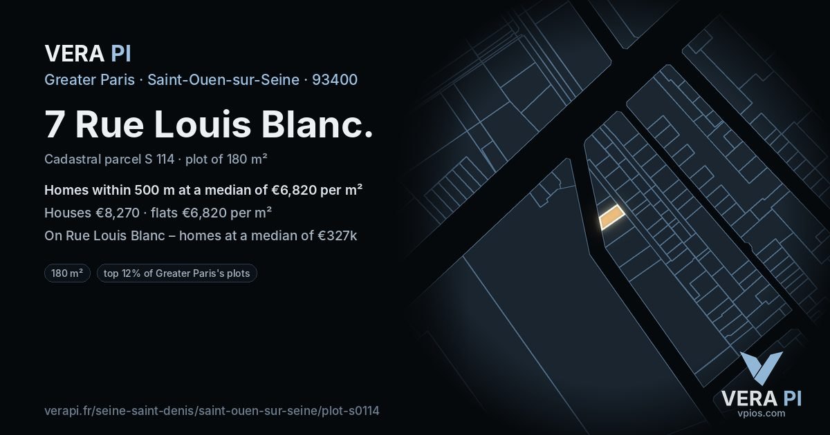 7 Rue Louis Blanc, Saint-Ouen-sur-Seine at night – the plot lit, the parcels around coloured by the prices near them