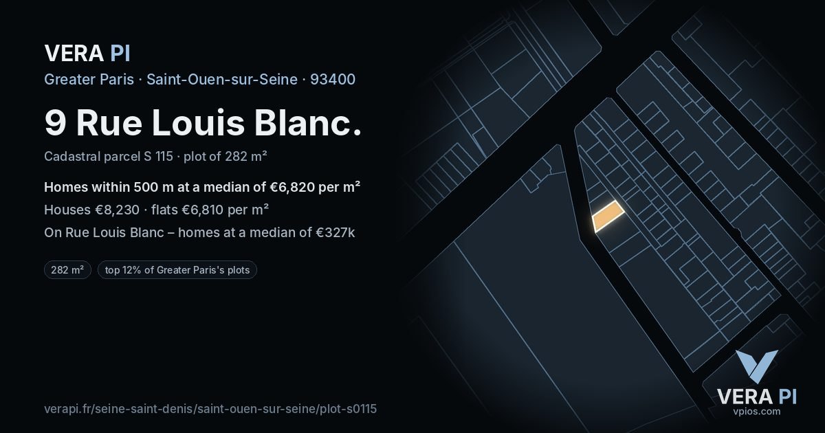 9 Rue Louis Blanc, Saint-Ouen-sur-Seine at night – the plot lit, the parcels around coloured by the prices near them