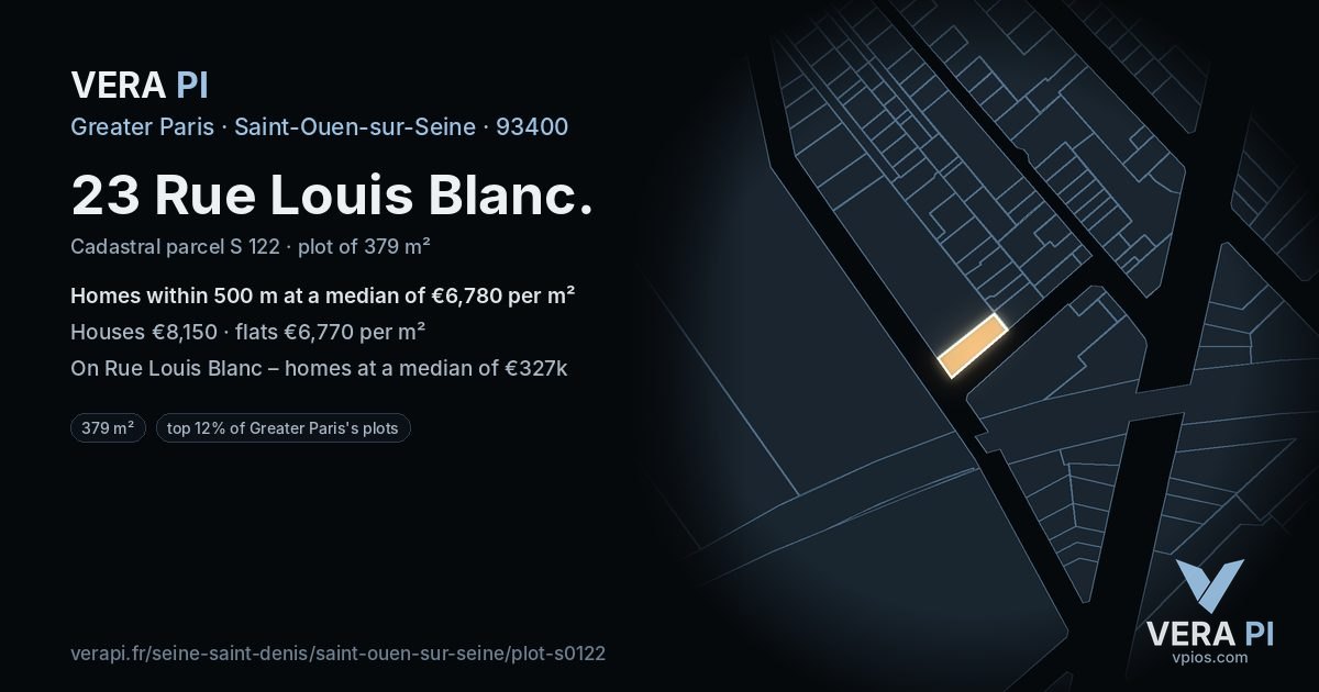 23 Rue Louis Blanc, Saint-Ouen-sur-Seine at night – the plot lit, the parcels around coloured by the prices near them