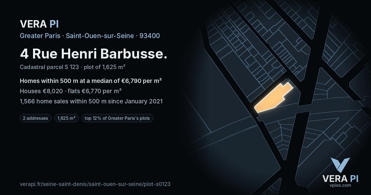 4 Rue Henri Barbusse, Saint-Ouen-sur-Seine at night – the plot lit, the parcels around coloured by the prices near them