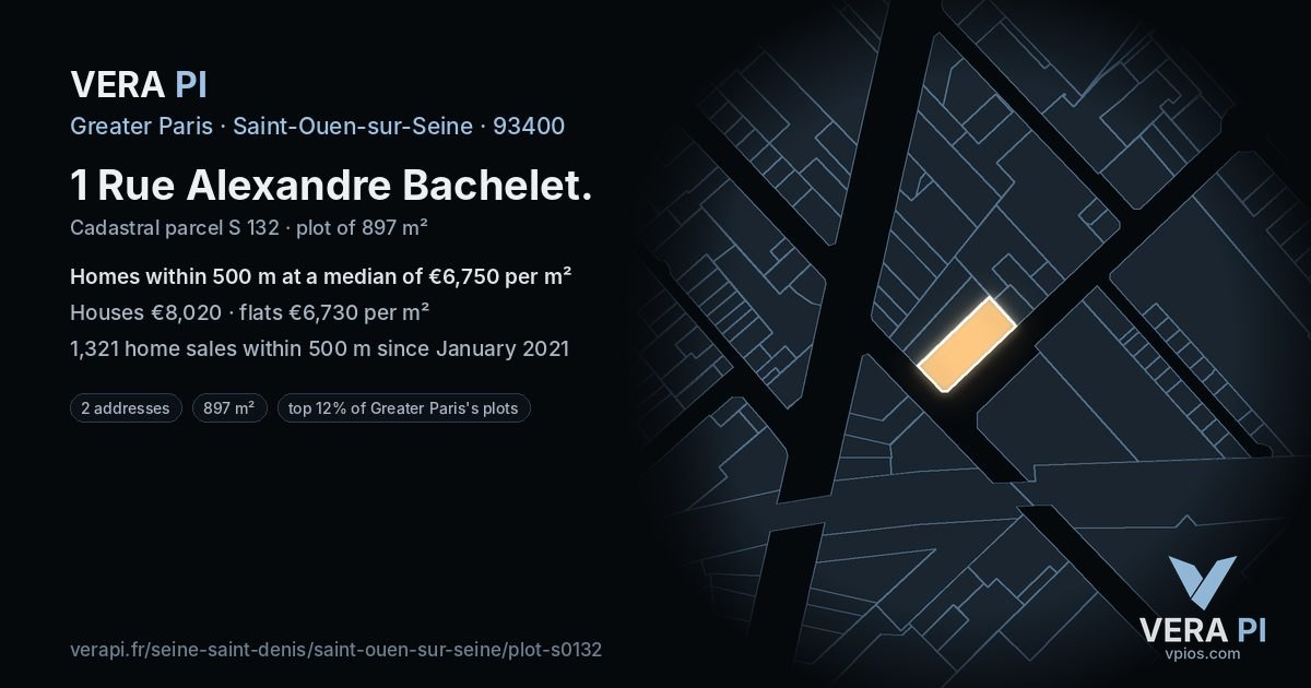 1 Rue Alexandre Bachelet, Saint-Ouen-sur-Seine at night – the plot lit, the parcels around coloured by the prices near them