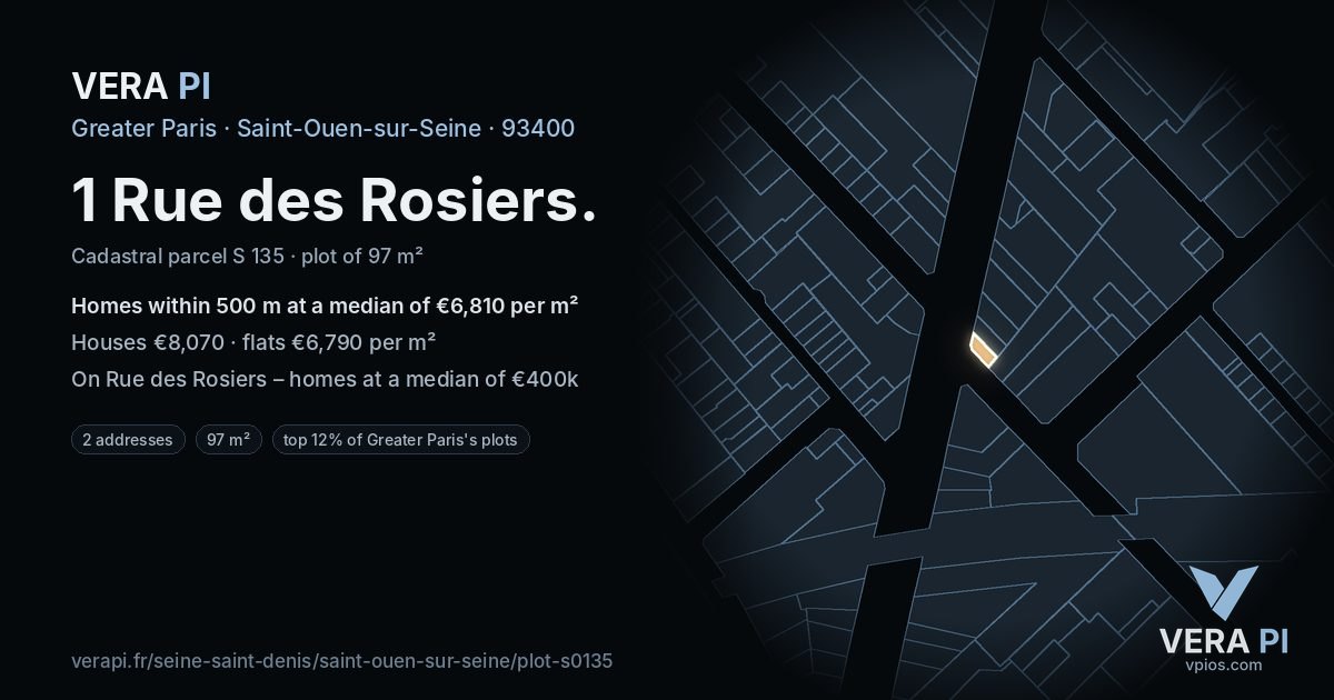 1 Rue des Rosiers, Saint-Ouen-sur-Seine at night – the plot lit, the parcels around coloured by the prices near them