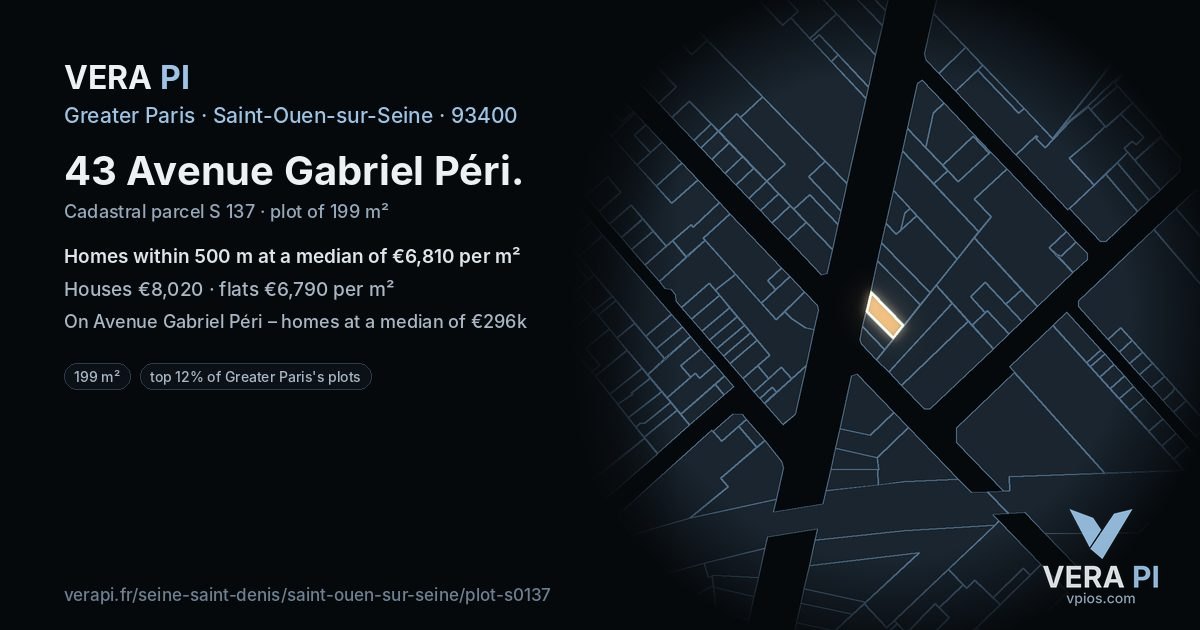 43 Avenue Gabriel Péri, Saint-Ouen-sur-Seine at night – the plot lit, the parcels around coloured by the prices near them