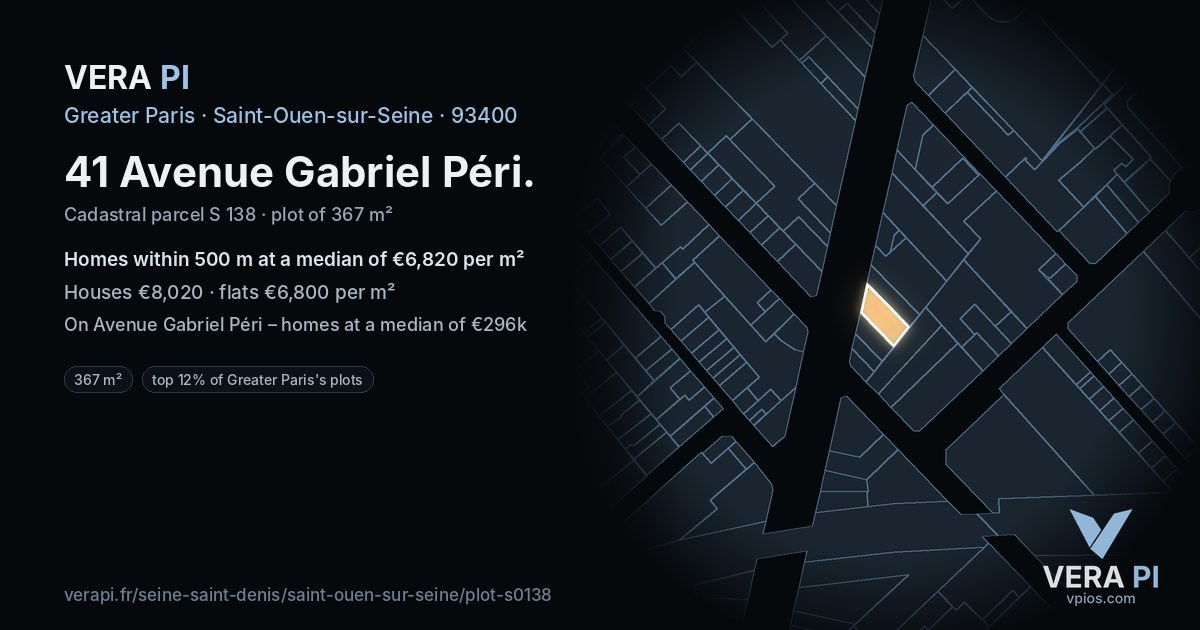 41 Avenue Gabriel Péri, Saint-Ouen-sur-Seine at night – the plot lit, the parcels around coloured by the prices near them