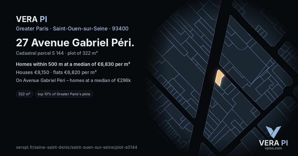 27 Avenue Gabriel Péri, Saint-Ouen-sur-Seine at night – the plot lit, the parcels around coloured by the prices near them