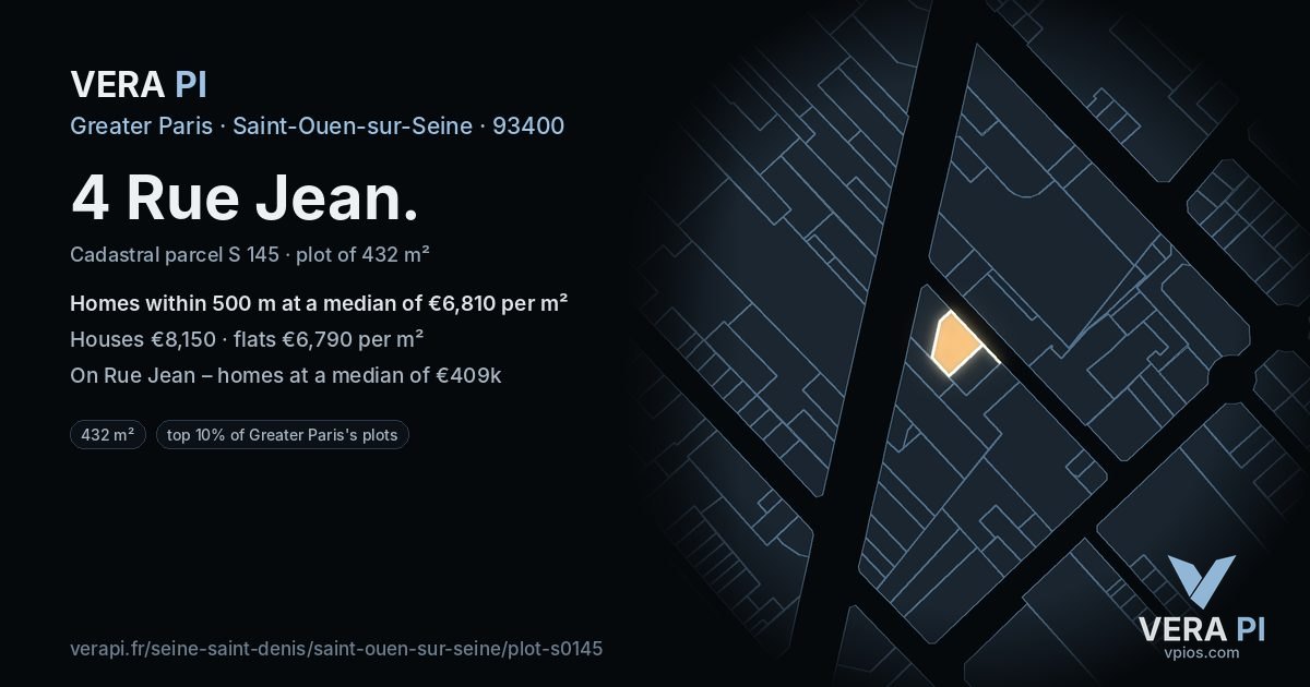 4 Rue Jean, Saint-Ouen-sur-Seine at night – the plot lit, the parcels around coloured by the prices near them