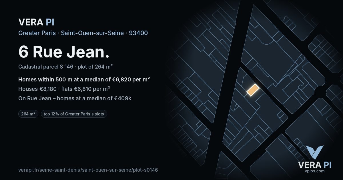 6 Rue Jean, Saint-Ouen-sur-Seine at night – the plot lit, the parcels around coloured by the prices near them