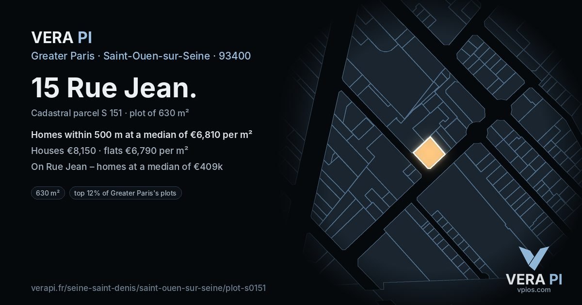 15 Rue Jean, Saint-Ouen-sur-Seine at night – the plot lit, the parcels around coloured by the prices near them