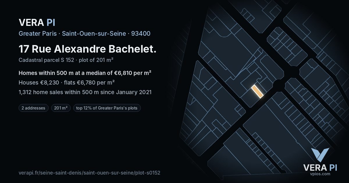 17 Rue Alexandre Bachelet, Saint-Ouen-sur-Seine at night – the plot lit, the parcels around coloured by the prices near them
