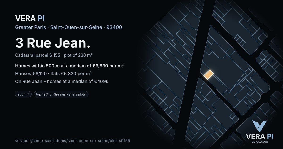 3 Rue Jean, Saint-Ouen-sur-Seine at night – the plot lit, the parcels around coloured by the prices near them