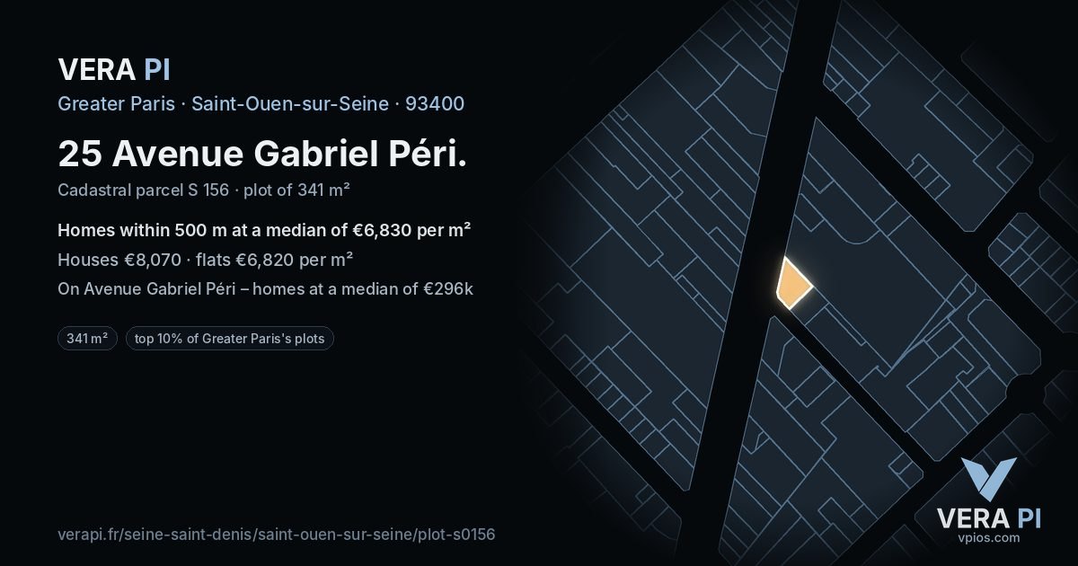 25 Avenue Gabriel Péri, Saint-Ouen-sur-Seine at night – the plot lit, the parcels around coloured by the prices near them