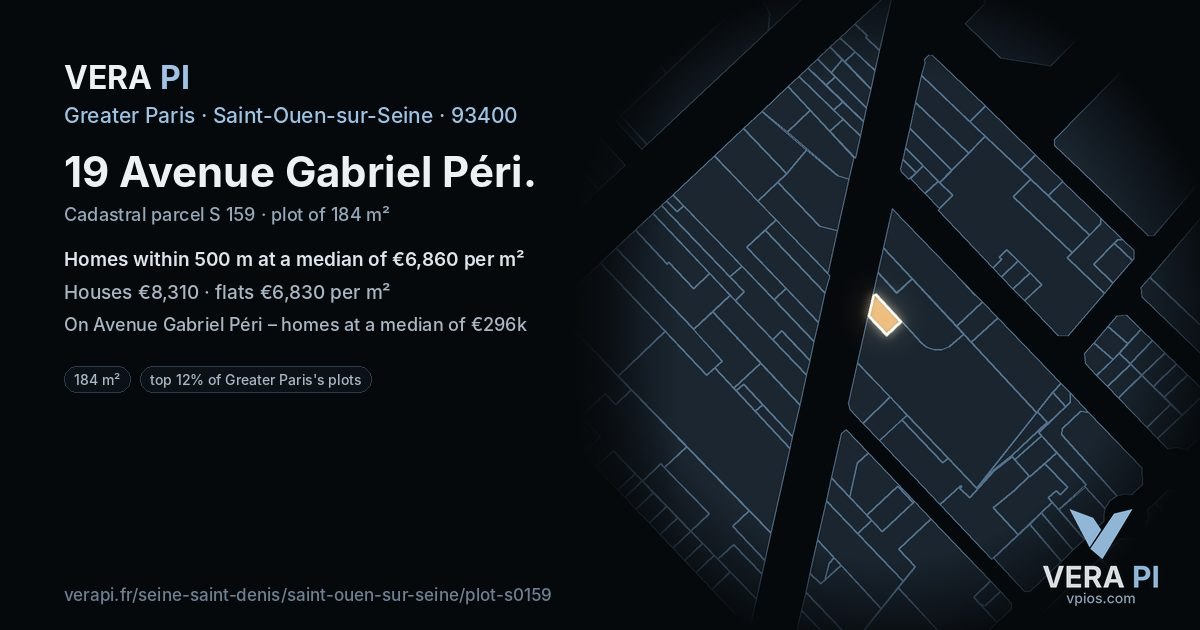 19 Avenue Gabriel Péri, Saint-Ouen-sur-Seine at night – the plot lit, the parcels around coloured by the prices near them