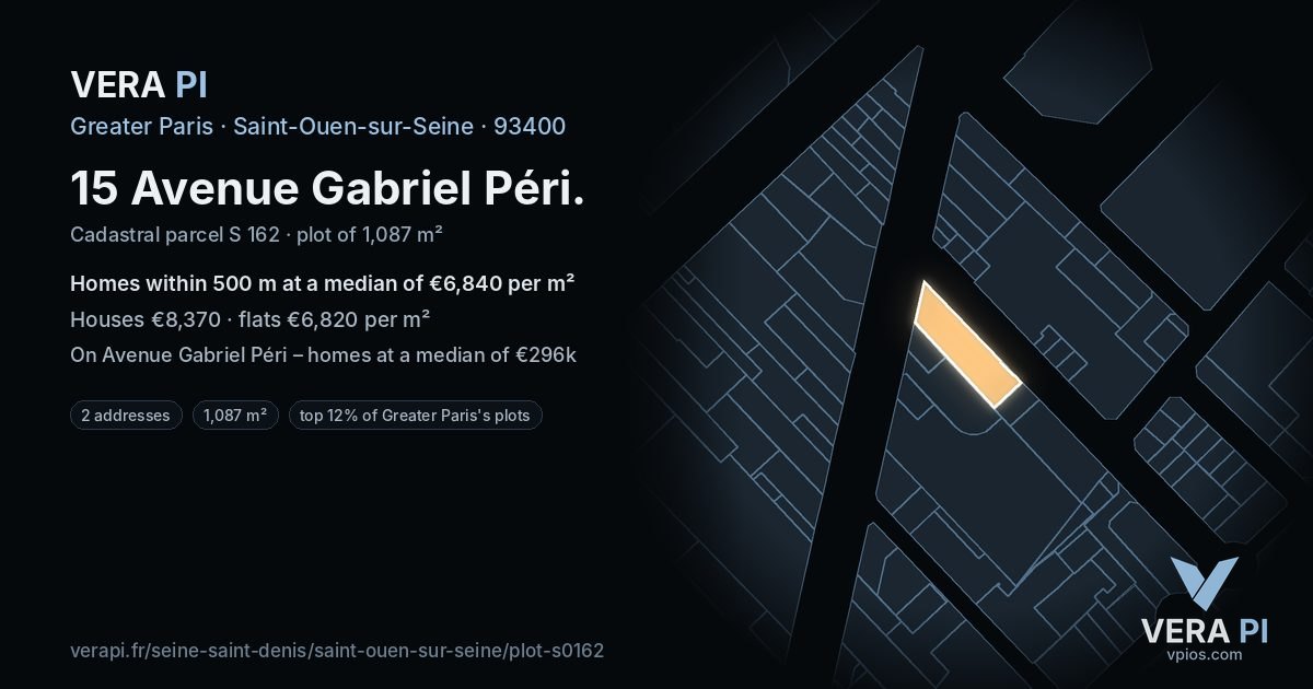 15 Avenue Gabriel Péri, Saint-Ouen-sur-Seine at night – the plot lit, the parcels around coloured by the prices near them