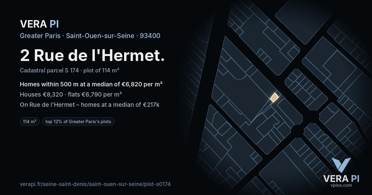 2 Rue de l'Hermet, Saint-Ouen-sur-Seine at night – the plot lit, the parcels around coloured by the prices near them