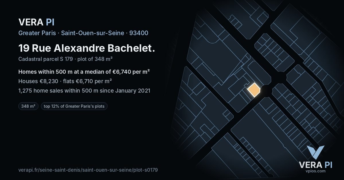 19 Rue Alexandre Bachelet, Saint-Ouen-sur-Seine at night – the plot lit, the parcels around coloured by the prices near them