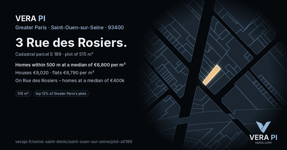 3 Rue des Rosiers, Saint-Ouen-sur-Seine at night – the plot lit, the parcels around coloured by the prices near them