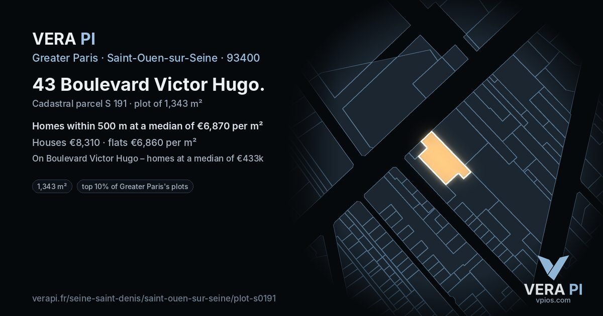 43 Boulevard Victor Hugo, Saint-Ouen-sur-Seine at night – the plot lit, the parcels around coloured by the prices near them