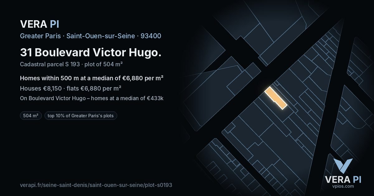 31 Boulevard Victor Hugo, Saint-Ouen-sur-Seine at night – the plot lit, the parcels around coloured by the prices near them