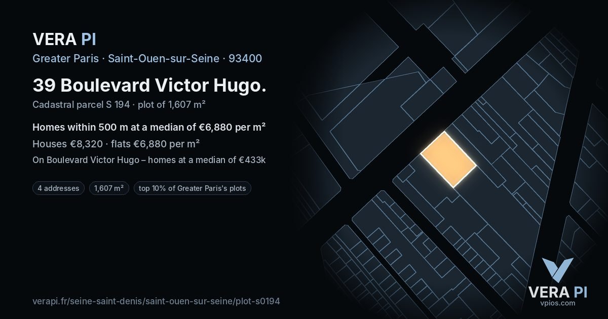 39 Boulevard Victor Hugo, Saint-Ouen-sur-Seine at night – the plot lit, the parcels around coloured by the prices near them