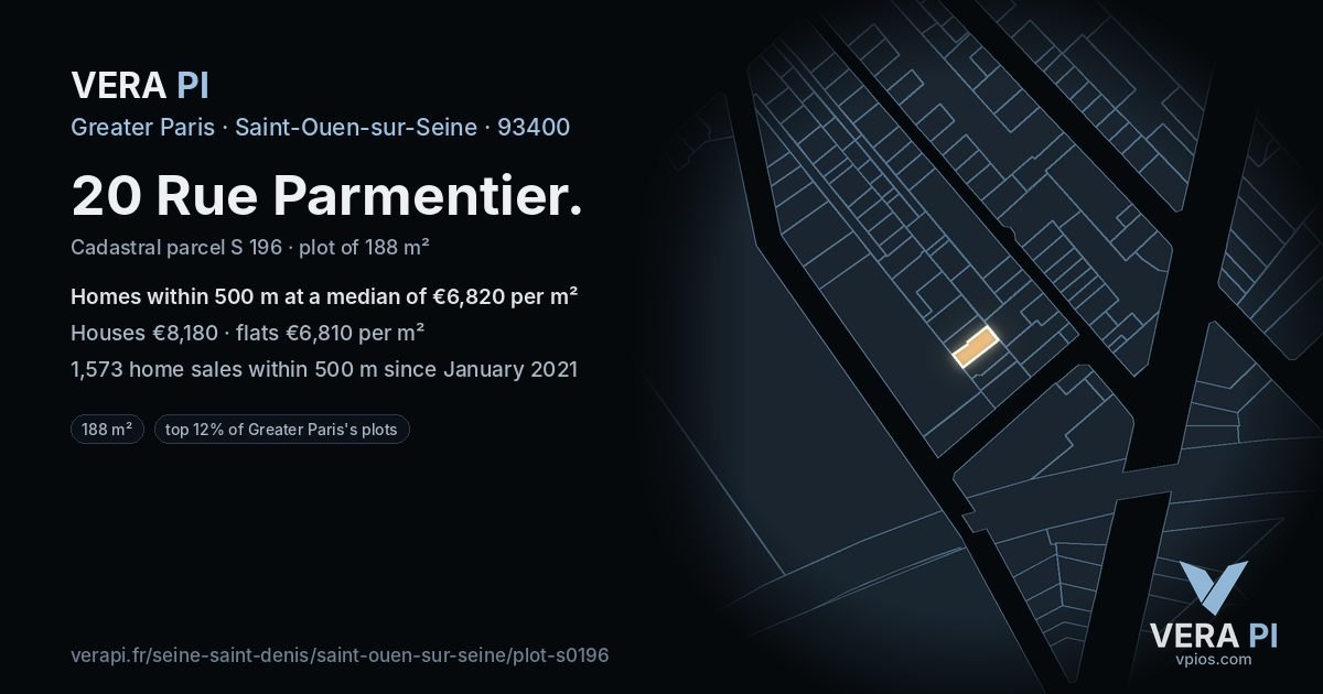 20 Rue Parmentier, Saint-Ouen-sur-Seine at night – the plot lit, the parcels around coloured by the prices near them