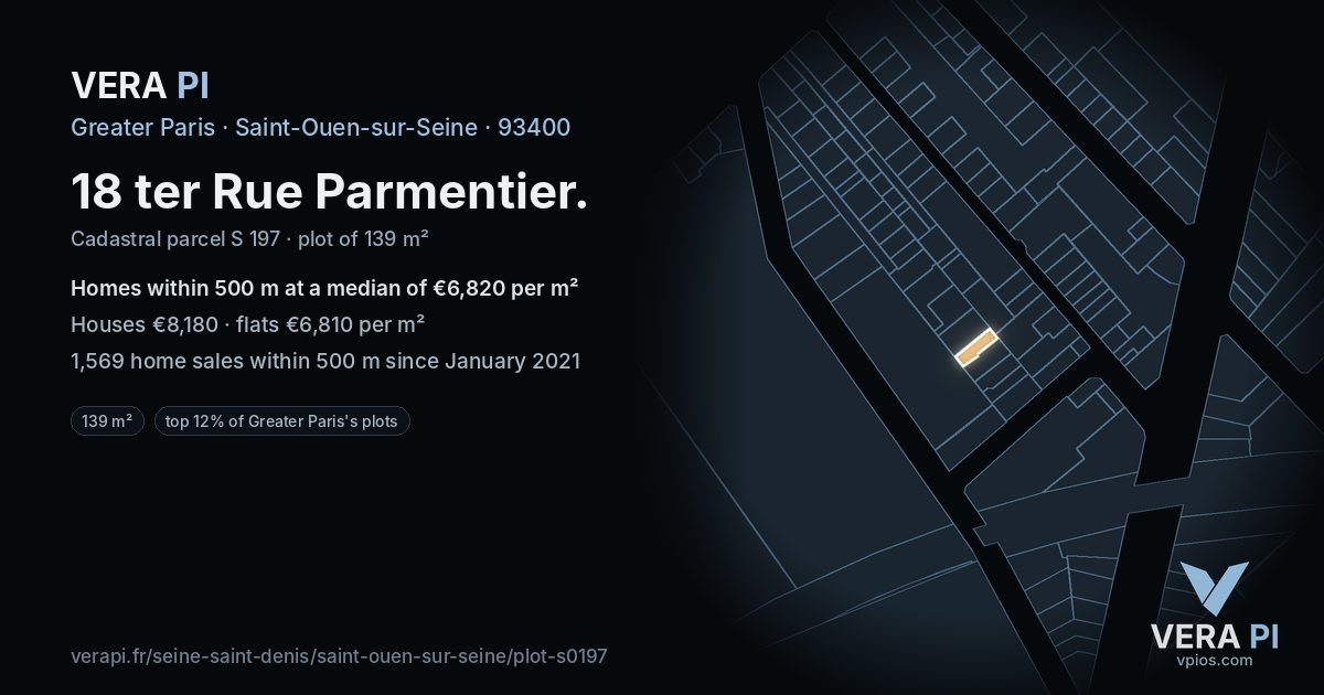 18 ter Rue Parmentier, Saint-Ouen-sur-Seine at night – the plot lit, the parcels around coloured by the prices near them