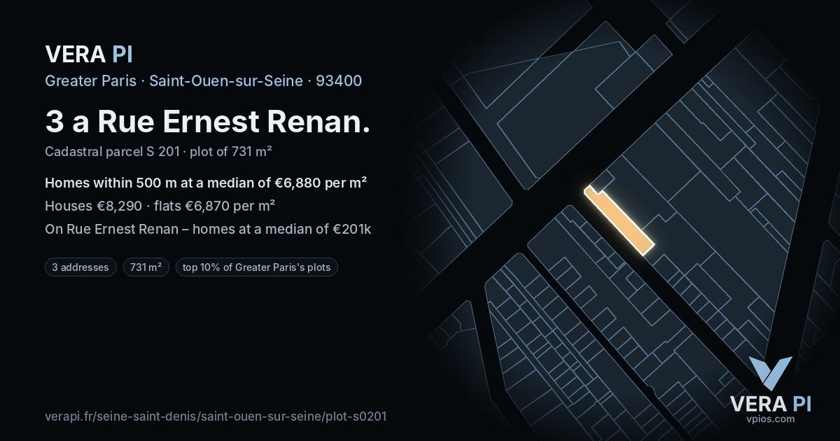 3 a Rue Ernest Renan, Saint-Ouen-sur-Seine at night – the plot lit, the parcels around coloured by the prices near them