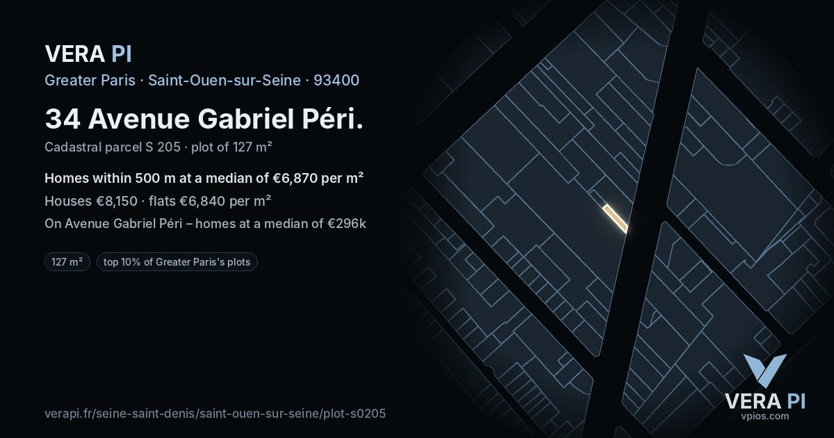 34 Avenue Gabriel Péri, Saint-Ouen-sur-Seine at night – the plot lit, the parcels around coloured by the prices near them