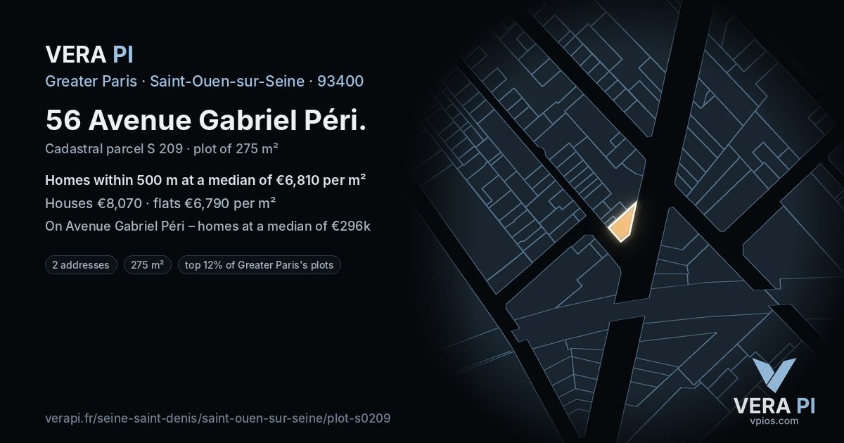 56 Avenue Gabriel Péri, Saint-Ouen-sur-Seine at night – the plot lit, the parcels around coloured by the prices near them