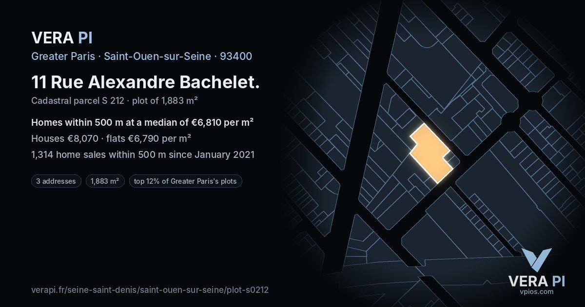 11 Rue Alexandre Bachelet, Saint-Ouen-sur-Seine at night – the plot lit, the parcels around coloured by the prices near them