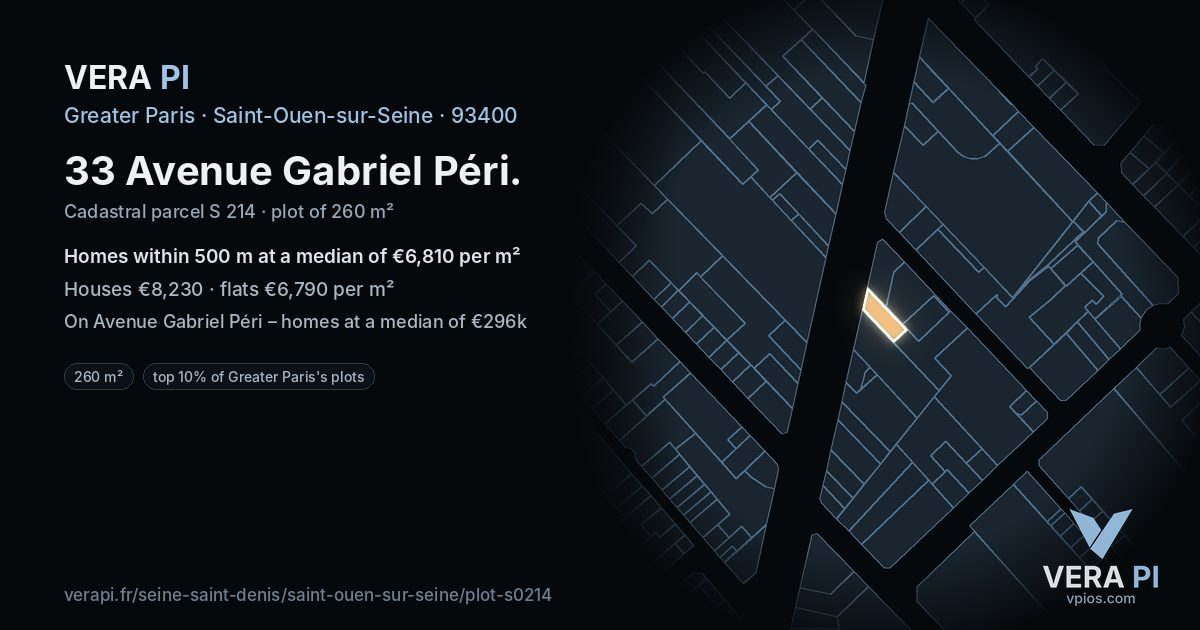 33 Avenue Gabriel Péri, Saint-Ouen-sur-Seine at night – the plot lit, the parcels around coloured by the prices near them