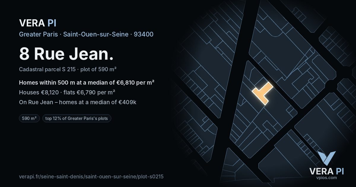 8 Rue Jean, Saint-Ouen-sur-Seine at night – the plot lit, the parcels around coloured by the prices near them