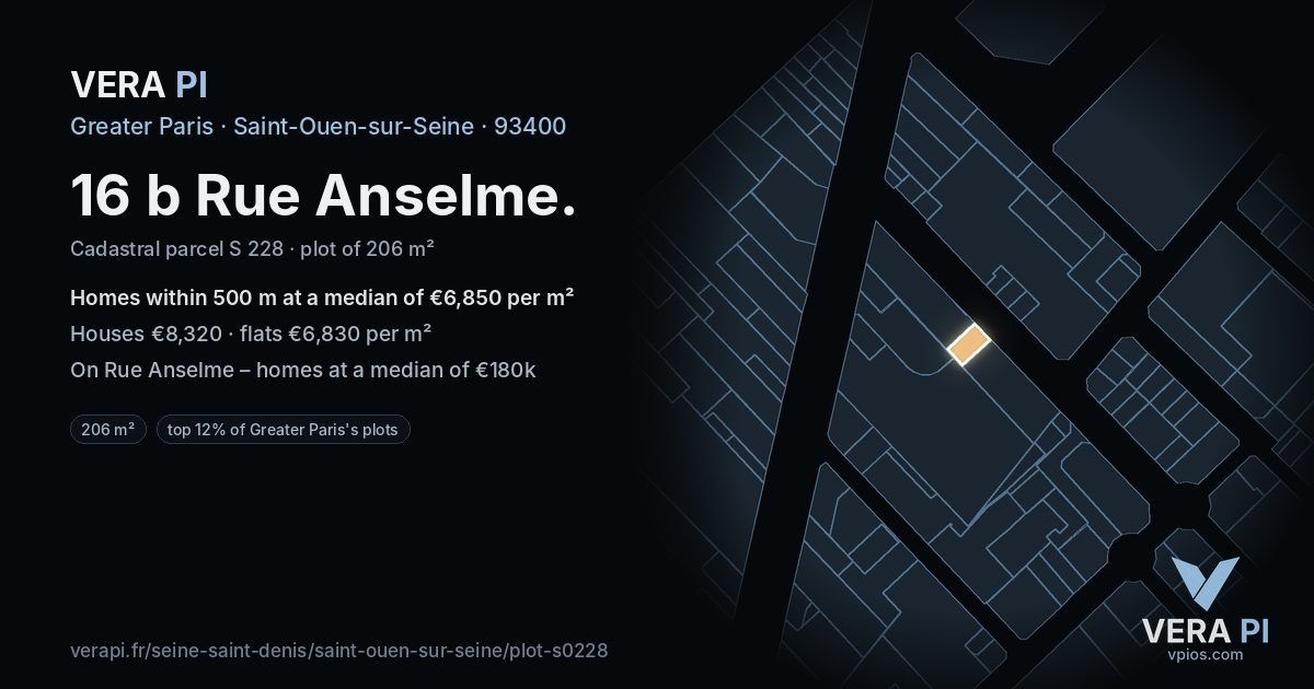 16 b Rue Anselme, Saint-Ouen-sur-Seine at night – the plot lit, the parcels around coloured by the prices near them
