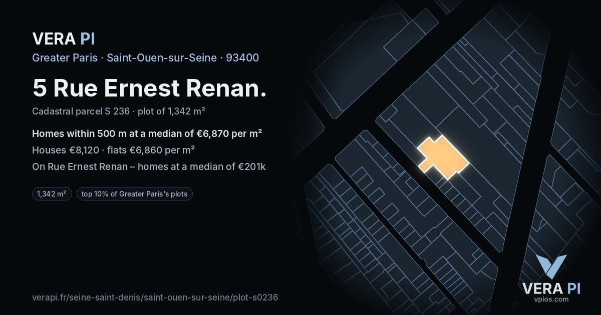 5 Rue Ernest Renan, Saint-Ouen-sur-Seine at night – the plot lit, the parcels around coloured by the prices near them