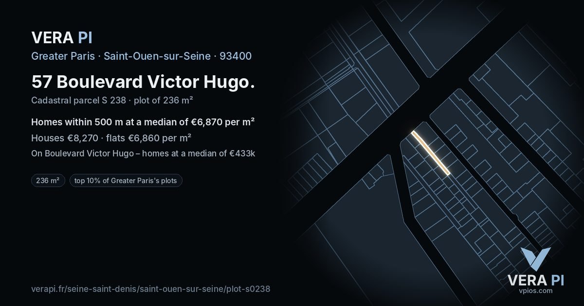 57 Boulevard Victor Hugo, Saint-Ouen-sur-Seine at night – the plot lit, the parcels around coloured by the prices near them