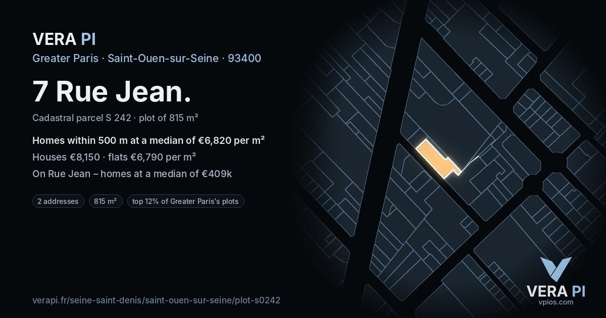 7 Rue Jean, Saint-Ouen-sur-Seine at night – the plot lit, the parcels around coloured by the prices near them