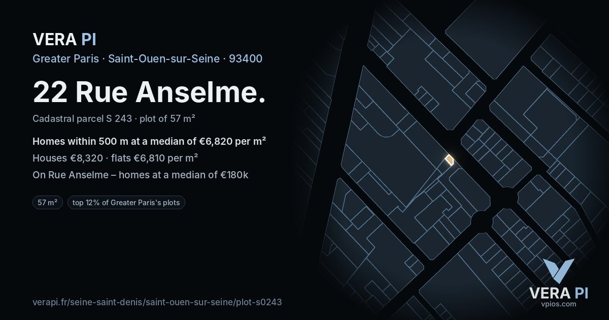 22 Rue Anselme, Saint-Ouen-sur-Seine at night – the plot lit, the parcels around coloured by the prices near them