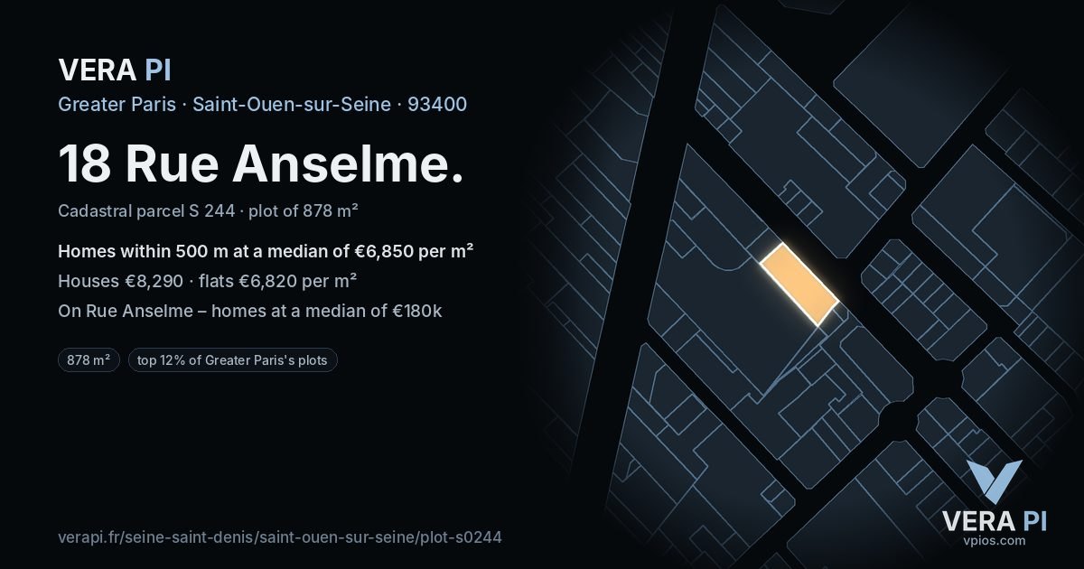 18 Rue Anselme, Saint-Ouen-sur-Seine at night – the plot lit, the parcels around coloured by the prices near them