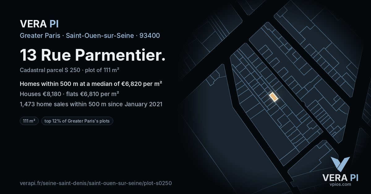 13 Rue Parmentier, Saint-Ouen-sur-Seine at night – the plot lit, the parcels around coloured by the prices near them