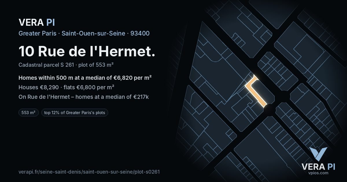 10 Rue de l'Hermet, Saint-Ouen-sur-Seine at night – the plot lit, the parcels around coloured by the prices near them