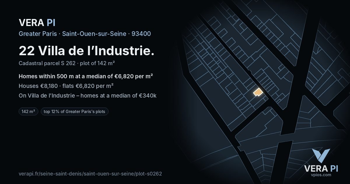 22 Villa de l’Industrie, Saint-Ouen-sur-Seine at night – the plot lit, the parcels around coloured by the prices near them
