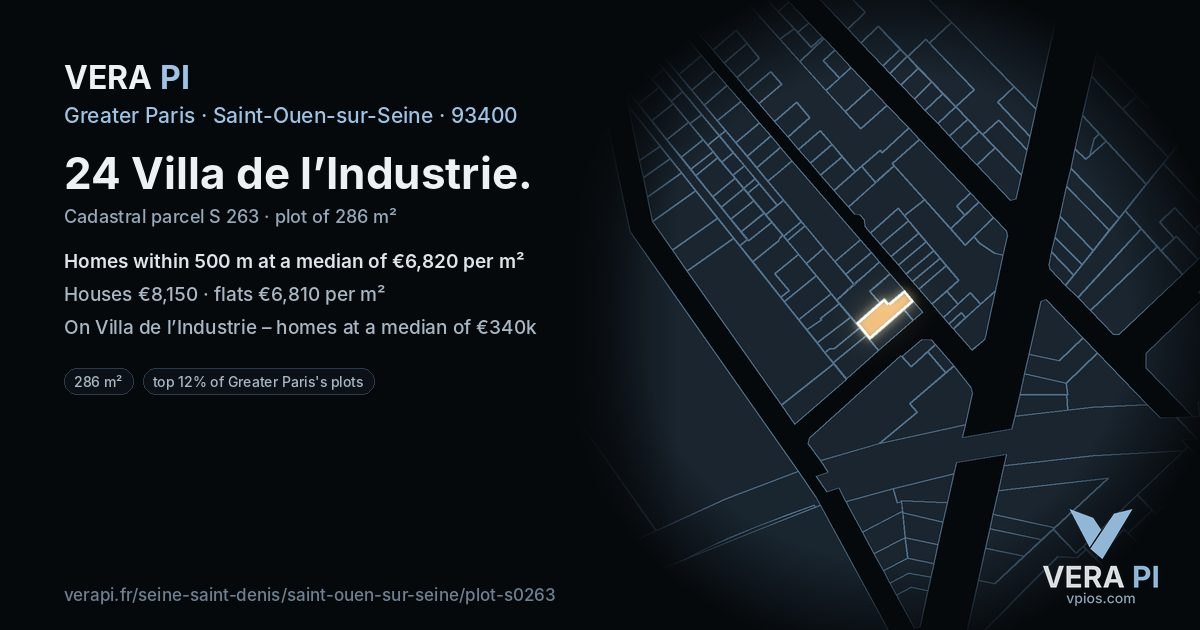 24 Villa de l’Industrie, Saint-Ouen-sur-Seine at night – the plot lit, the parcels around coloured by the prices near them