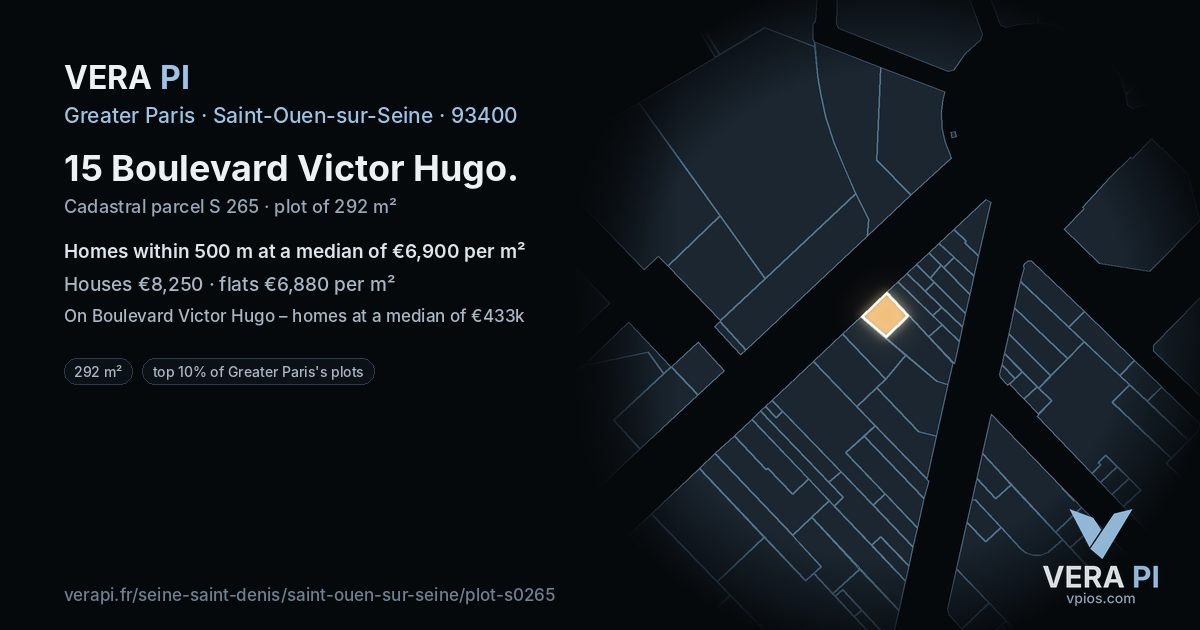 15 Boulevard Victor Hugo, Saint-Ouen-sur-Seine at night – the plot lit, the parcels around coloured by the prices near them