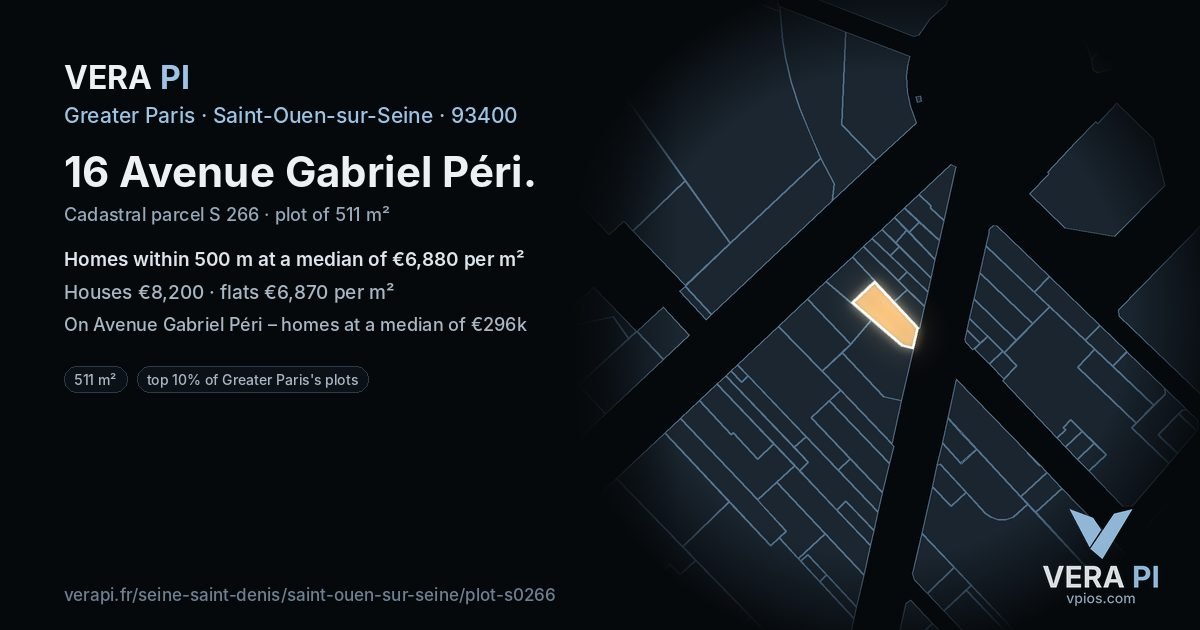 16 Avenue Gabriel Péri, Saint-Ouen-sur-Seine at night – the plot lit, the parcels around coloured by the prices near them