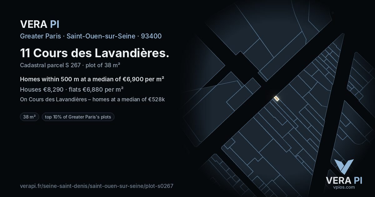 11 Cours des Lavandières, Saint-Ouen-sur-Seine at night – the plot lit, the parcels around coloured by the prices near them