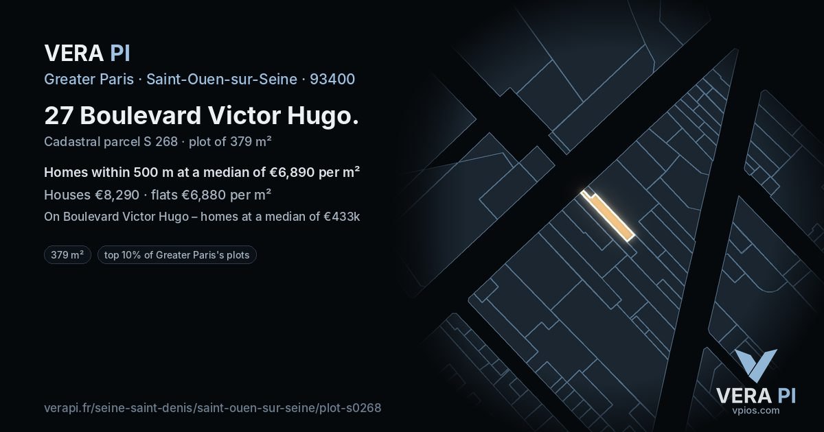27 Boulevard Victor Hugo, Saint-Ouen-sur-Seine at night – the plot lit, the parcels around coloured by the prices near them