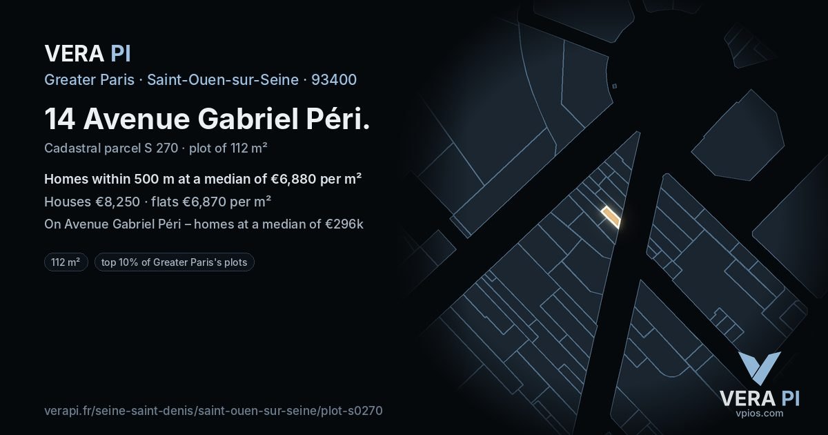14 Avenue Gabriel Péri, Saint-Ouen-sur-Seine at night – the plot lit, the parcels around coloured by the prices near them