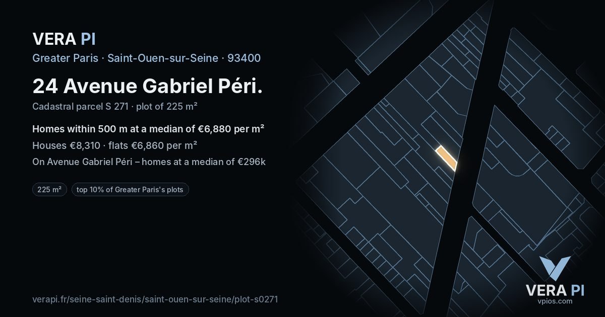24 Avenue Gabriel Péri, Saint-Ouen-sur-Seine at night – the plot lit, the parcels around coloured by the prices near them