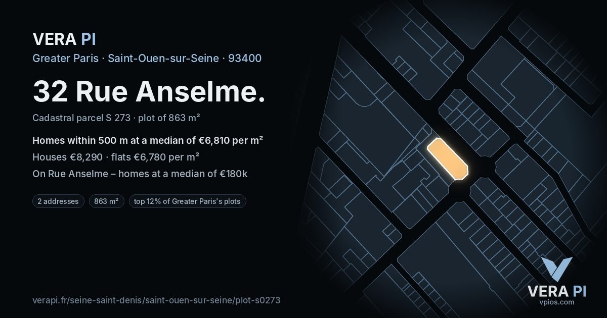 32 Rue Anselme, Saint-Ouen-sur-Seine at night – the plot lit, the parcels around coloured by the prices near them