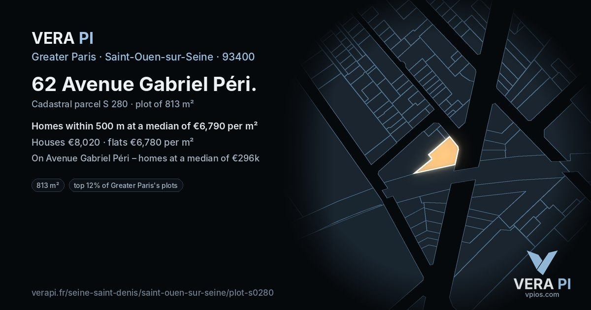 62 Avenue Gabriel Péri, Saint-Ouen-sur-Seine at night – the plot lit, the parcels around coloured by the prices near them